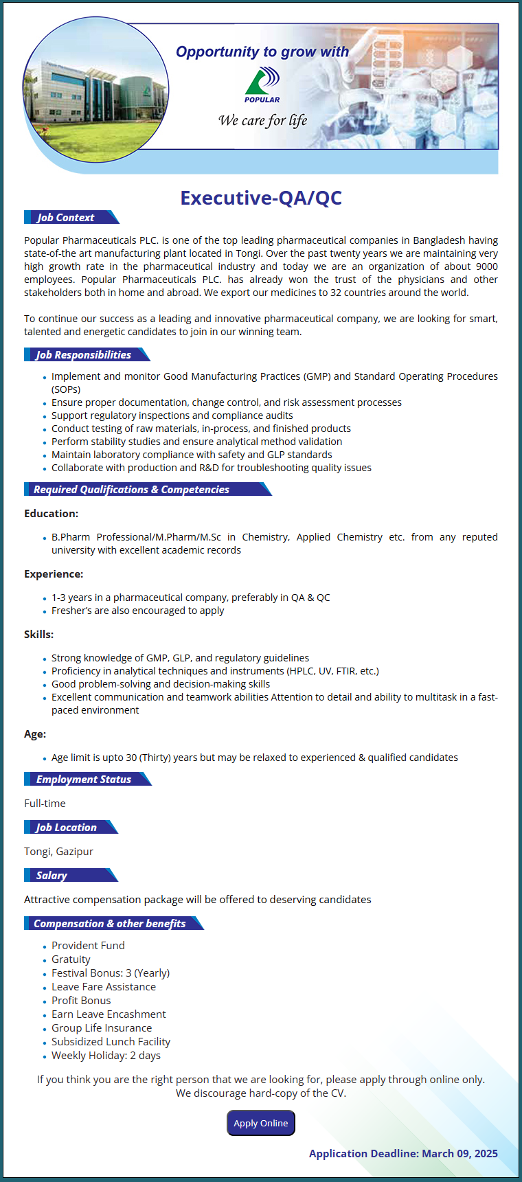 Popular Pharmaceuticals PLC Job Circular 2025