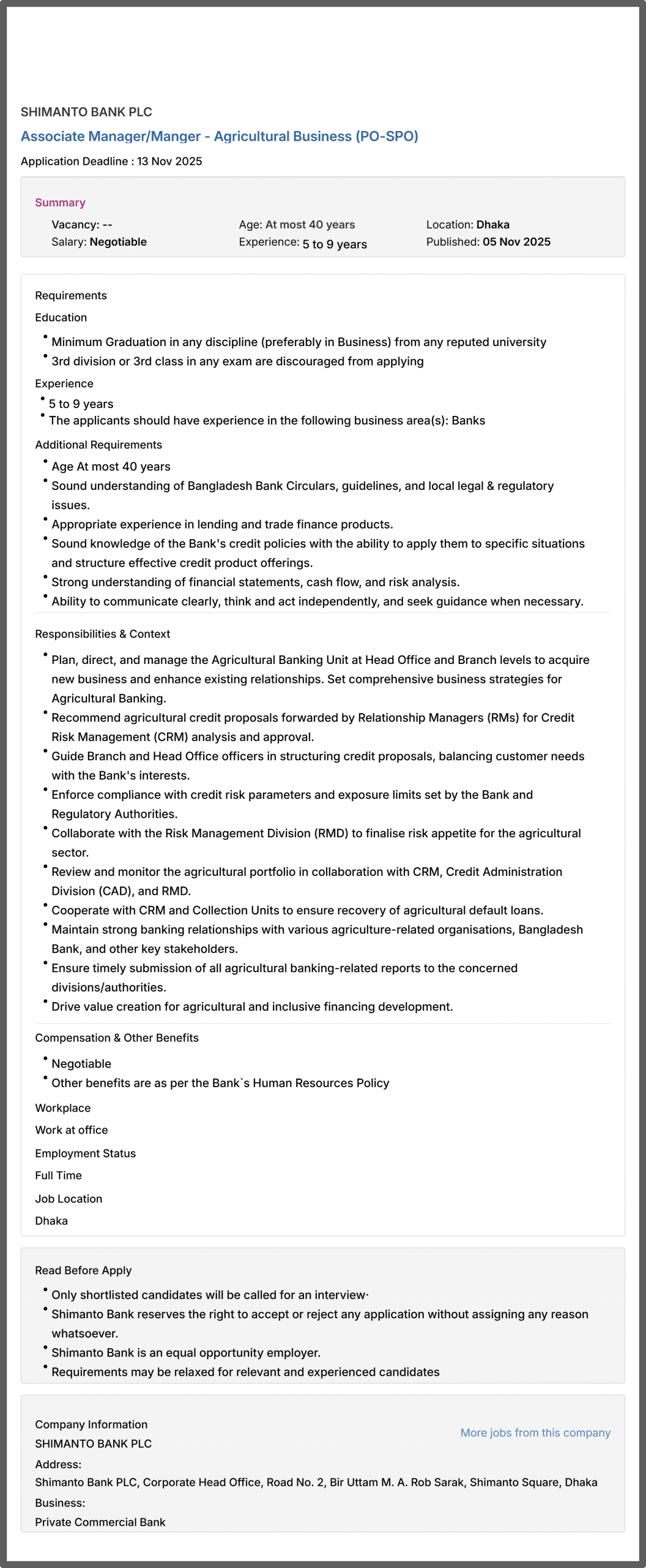 Shimanto Bank Job Circular 2025