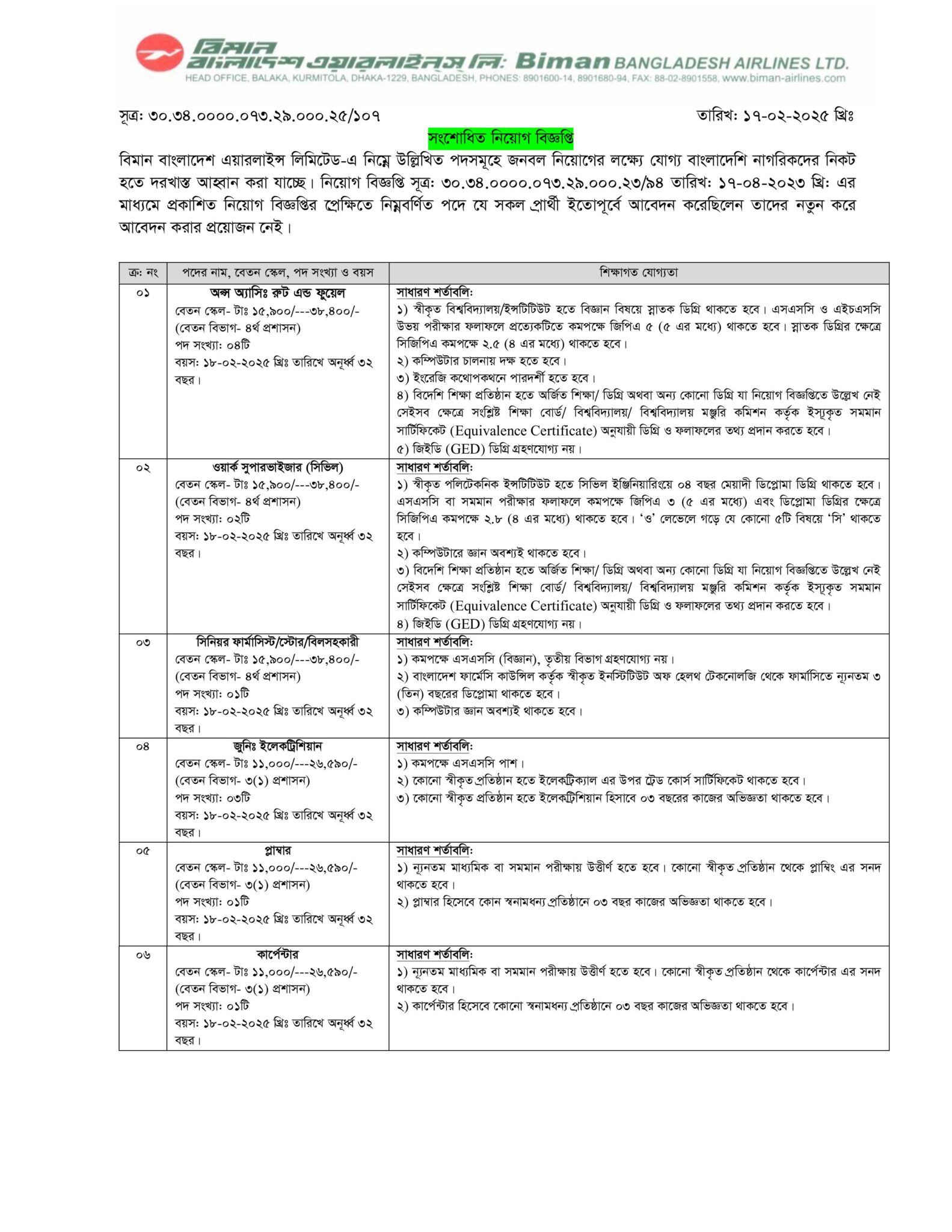 Biman Bangladesh Airlines Ltd BBAL Job Circular