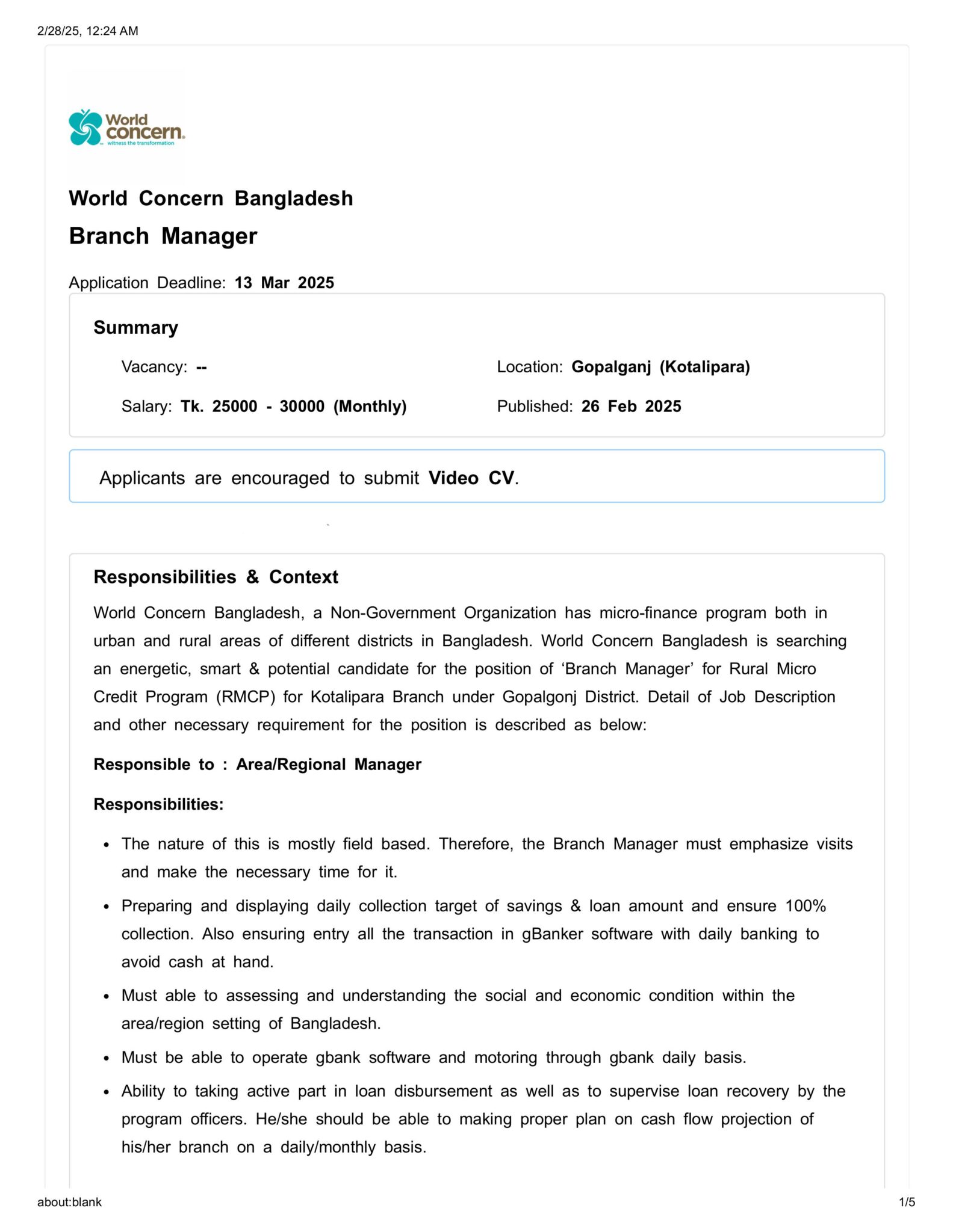 World Concern Bangladesh Job Circular 2025