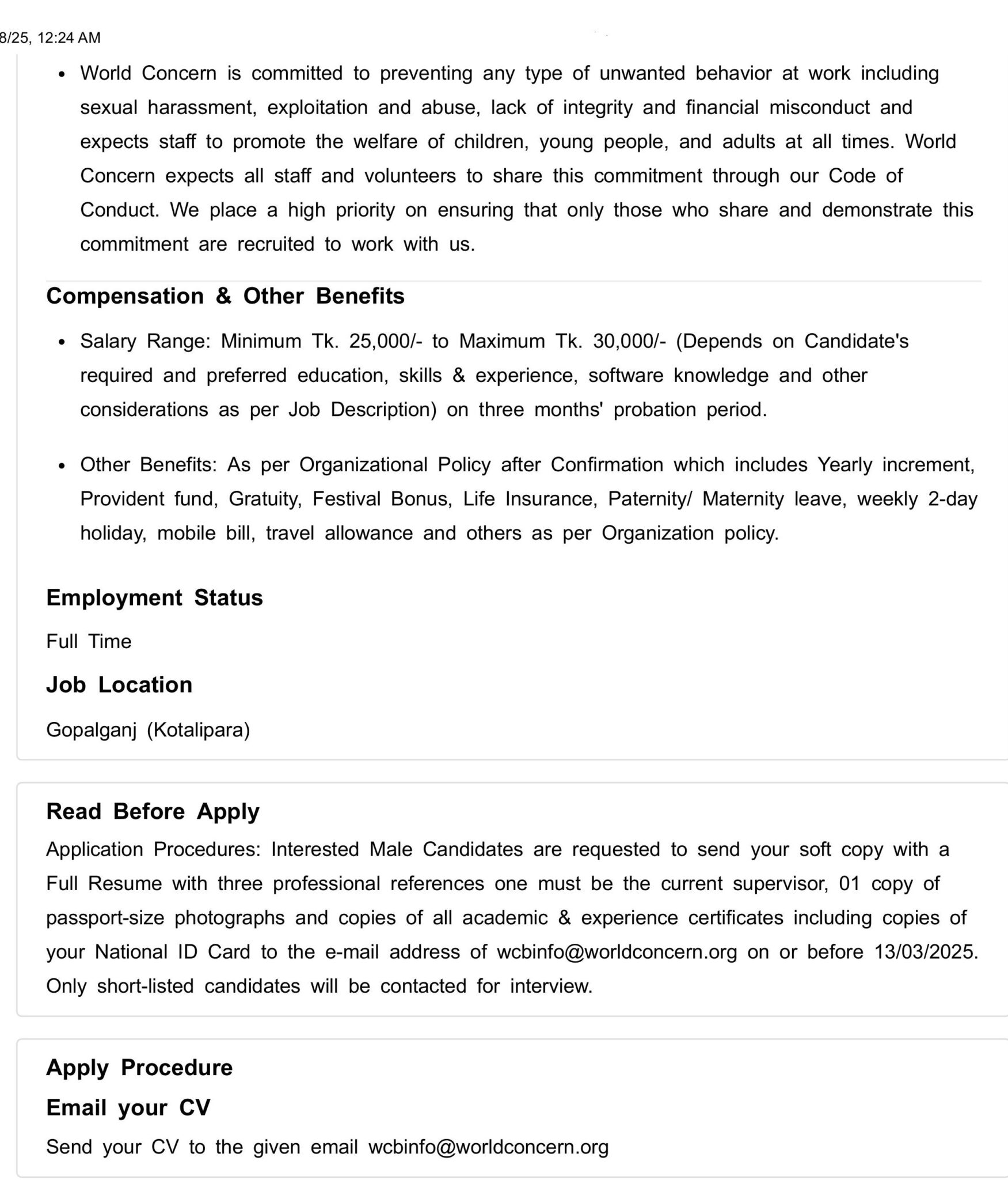 World Concern Bangladesh Job Circular 2025