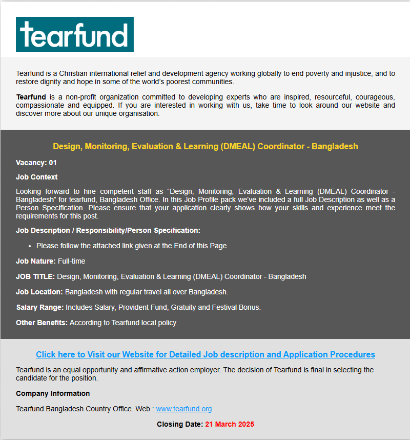 Tearfund Bangladesh Job Circular 2025