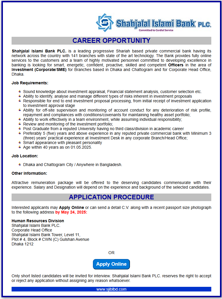 Shahjalal Islami Bank Job Circular 2025 – www.sjiblbd.com 2 Shahjalal Islami Bank Job Circular 2025