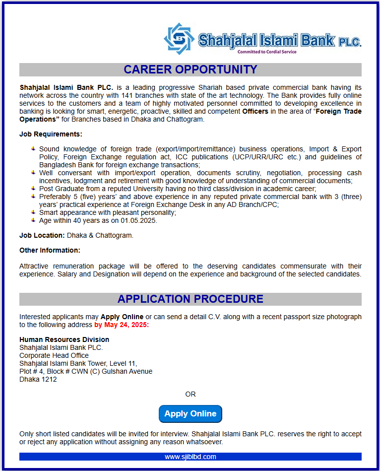 Shahjalal Islami Bank Job Circular 2025 – www.sjiblbd.com 1 Shahjalal Islami Bank Job Circular 2025