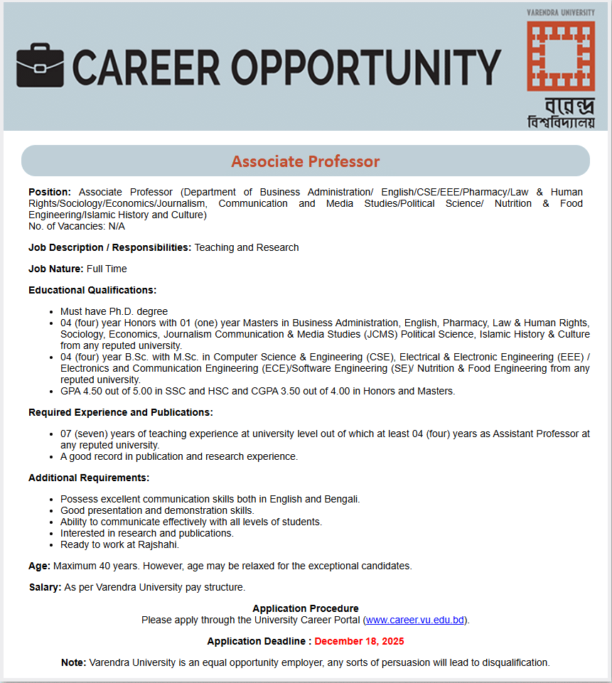 Varendra University Job Circular 2025