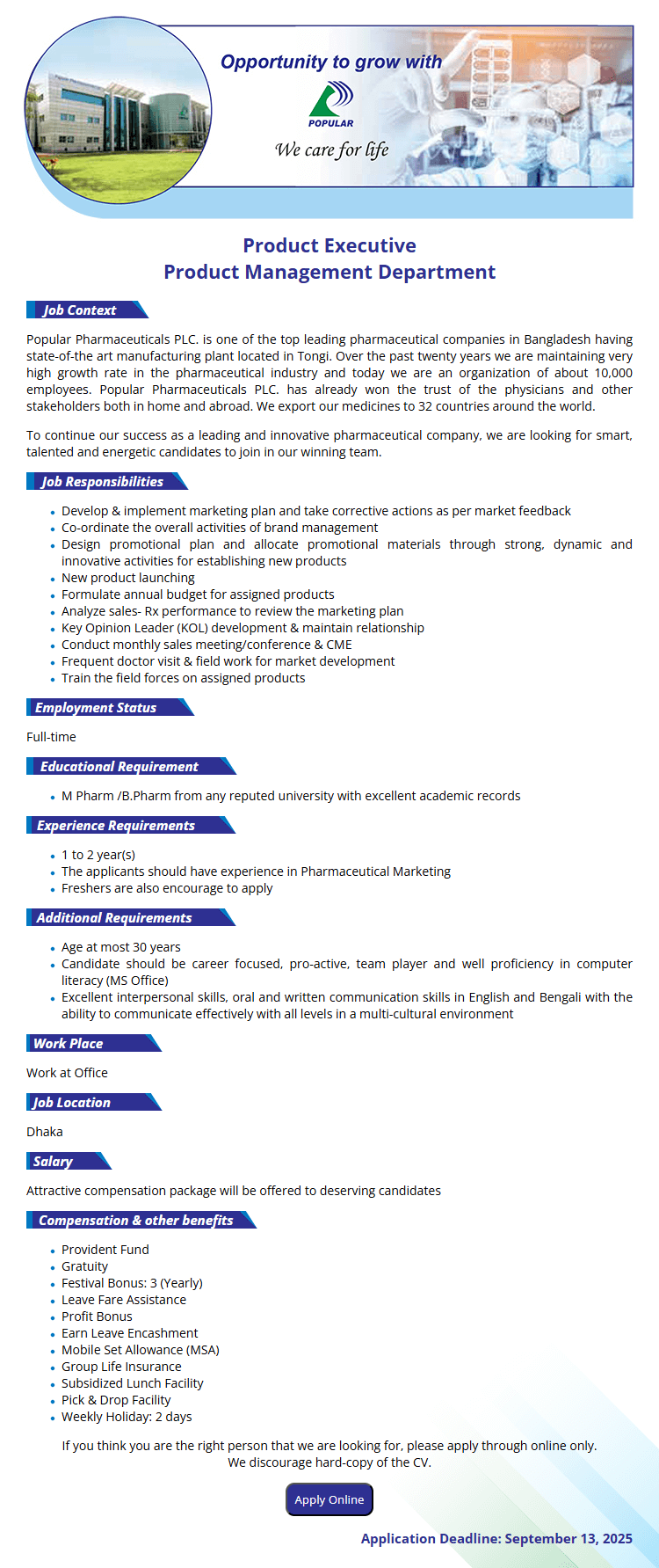 Popular Pharmaceuticals PLC Job Circular 2025 1 Popular Pharmaceuticals Limited