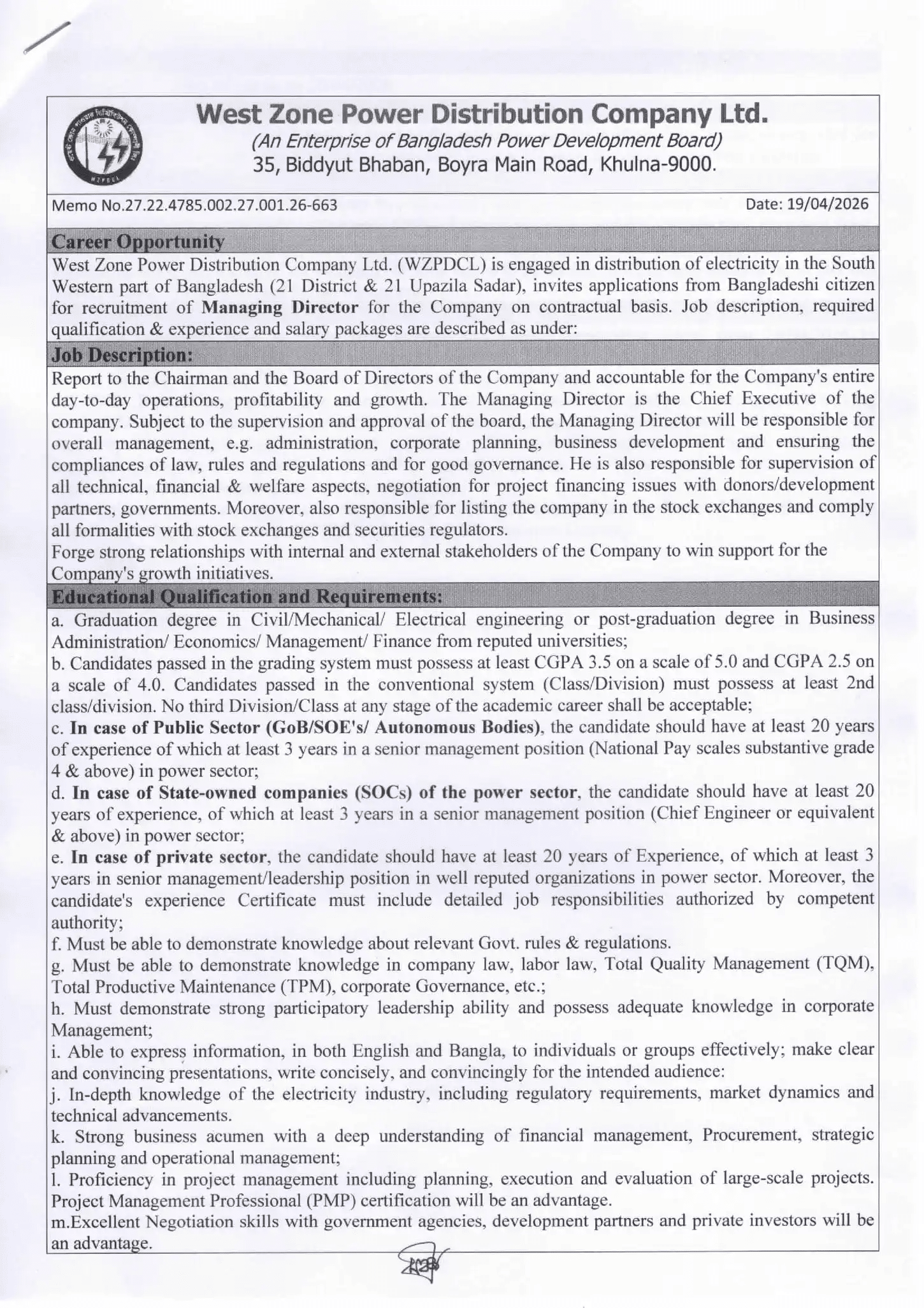 WZPDCL Job Circular 2026 – West Zone Power Distribution Company job circular (2)