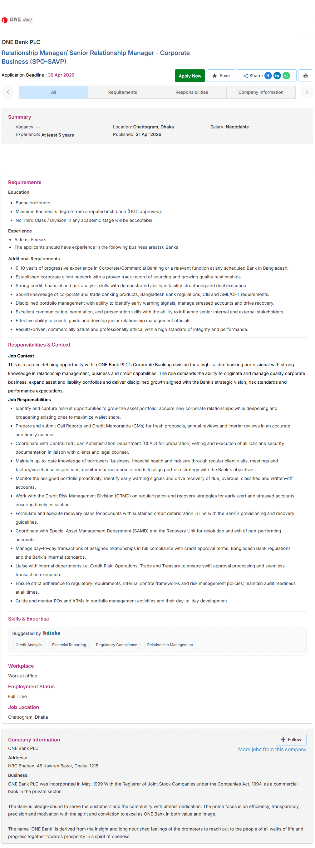 One Bank PLC Job Circular 2026 Relationship-Manager-Senior-Relationship-Manager-Corporate-Business-SPO-SAVP-ONE-Bank-PLC