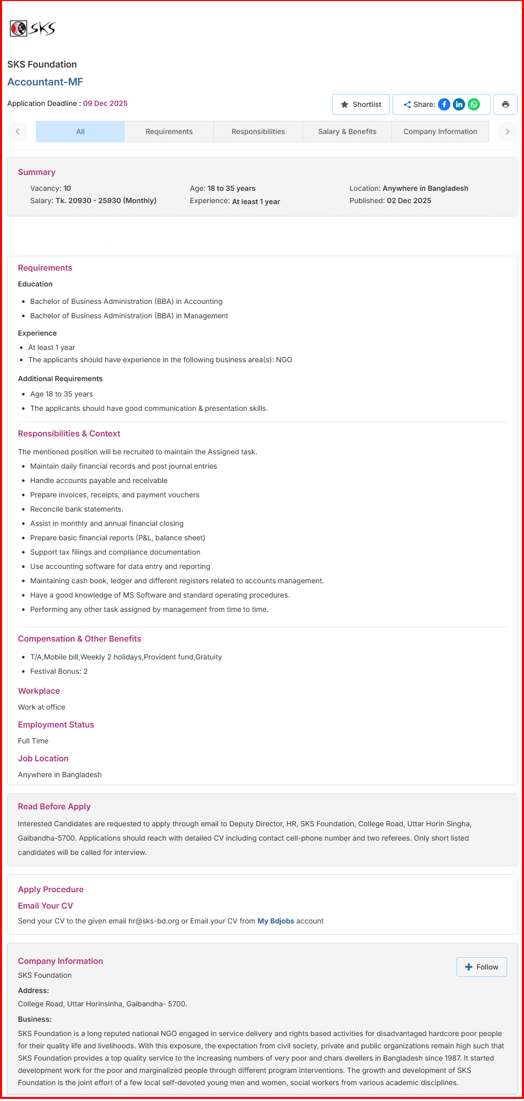 SKS Foundation Job Circular 2025 sks-bd.org Accountant-MF-SKS-Foundation