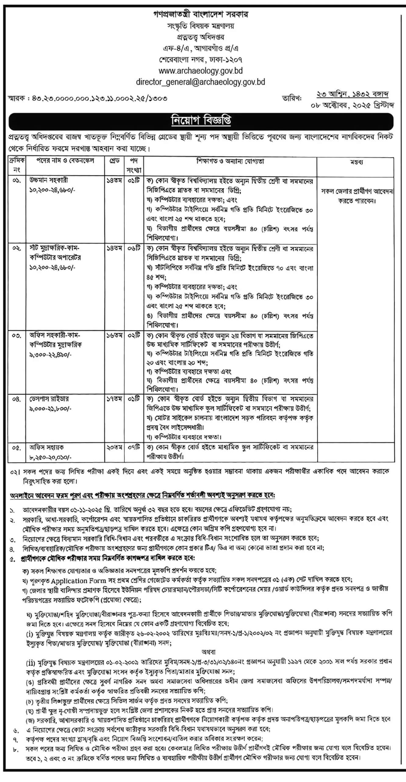 Department of Archaeology DOA Job Circular 2025 doa.teletalk.com.bd