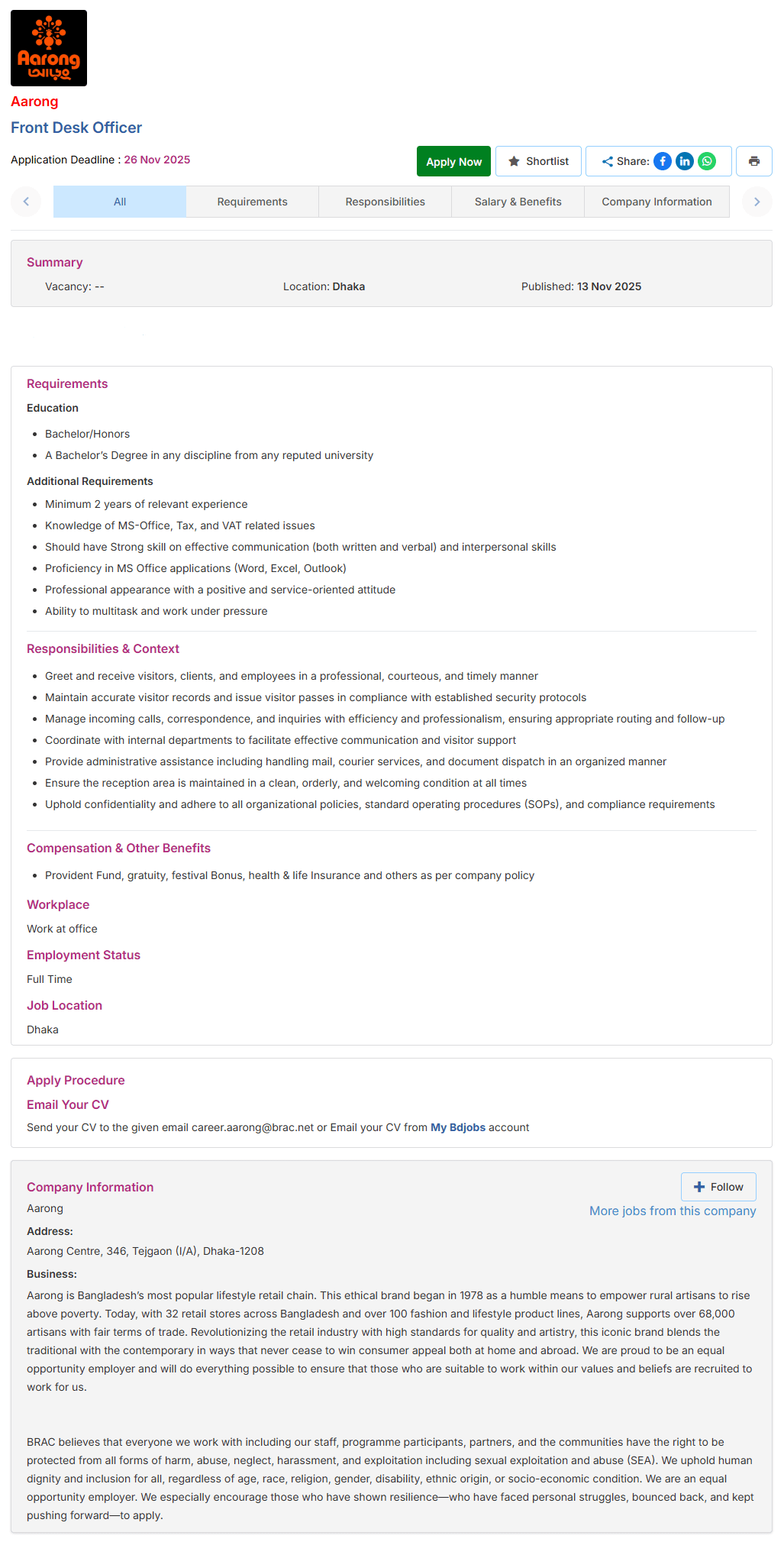 Aarong Job Circular-Front-Desk-Officer