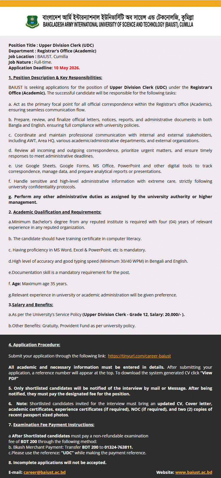 BAIUST Job Circular 2026 Bangladesh-Army-International-University-of-Science-and-Technology-BAIUST