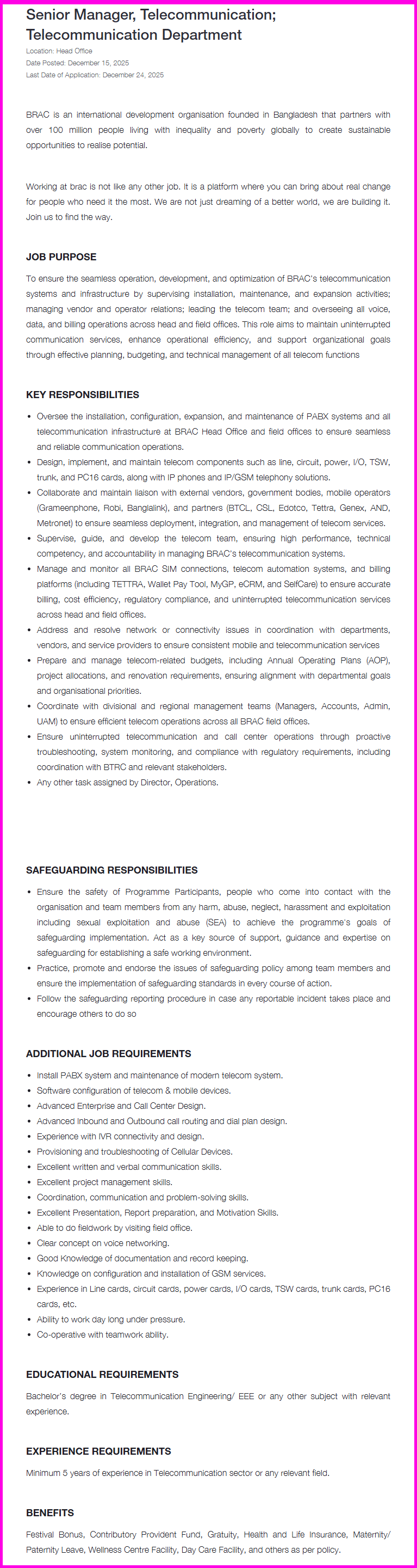 BRAC NGO Job Circular 2025 - Latest Update Senior-Manager-Telecommunication-Telecommunication-Department