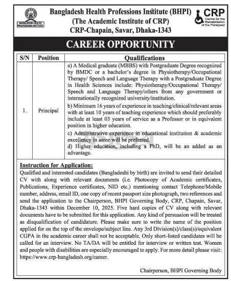 Bangladesh Health Professionals Institute BHPI Job Circular 2025 CRP Apply Offline