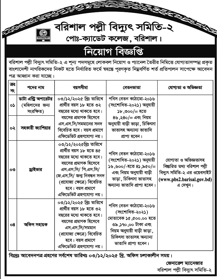 Barishal Palli Biddut Samity-2 PBS Barishal Job Circular 2025