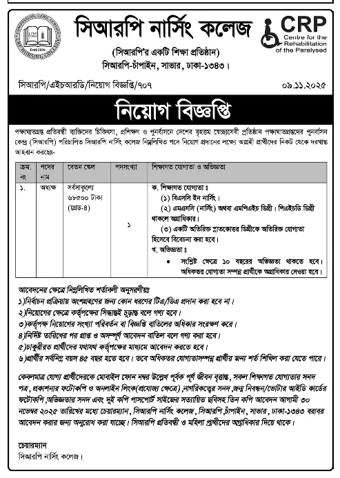 CRP Nursing College Job Circular 2025