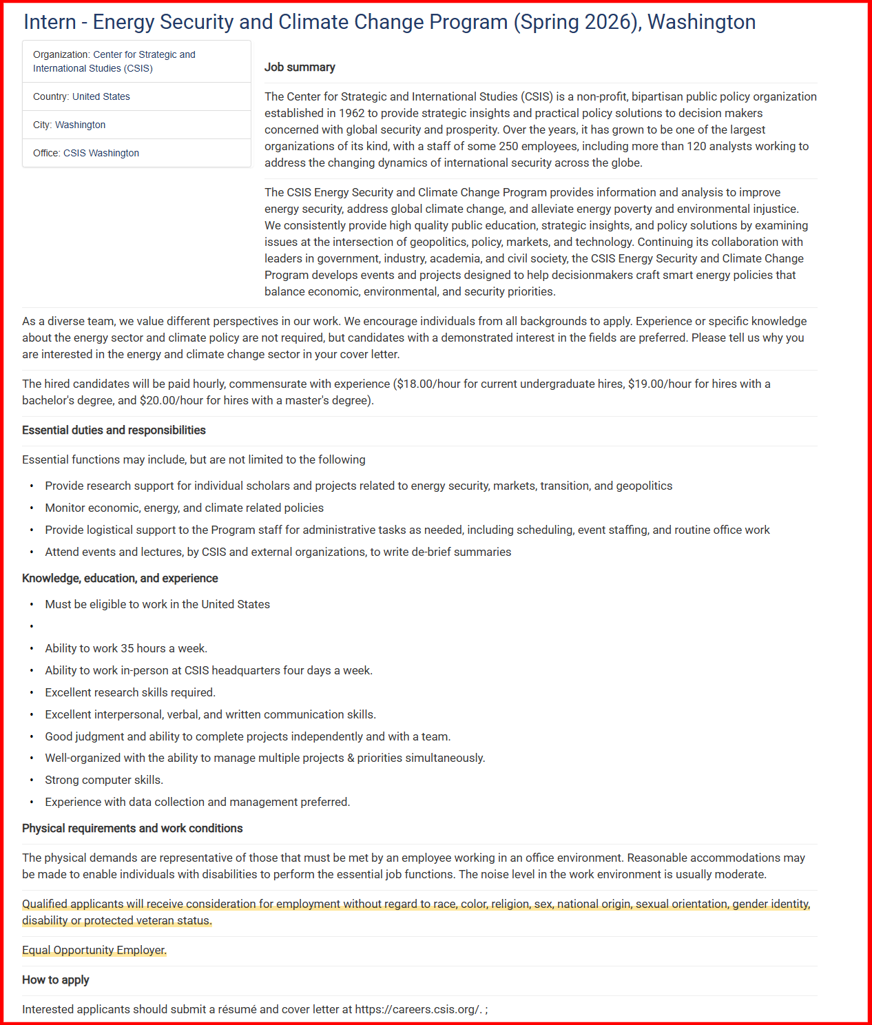 Center for Strategic and International Studies CSIS job circular 2025