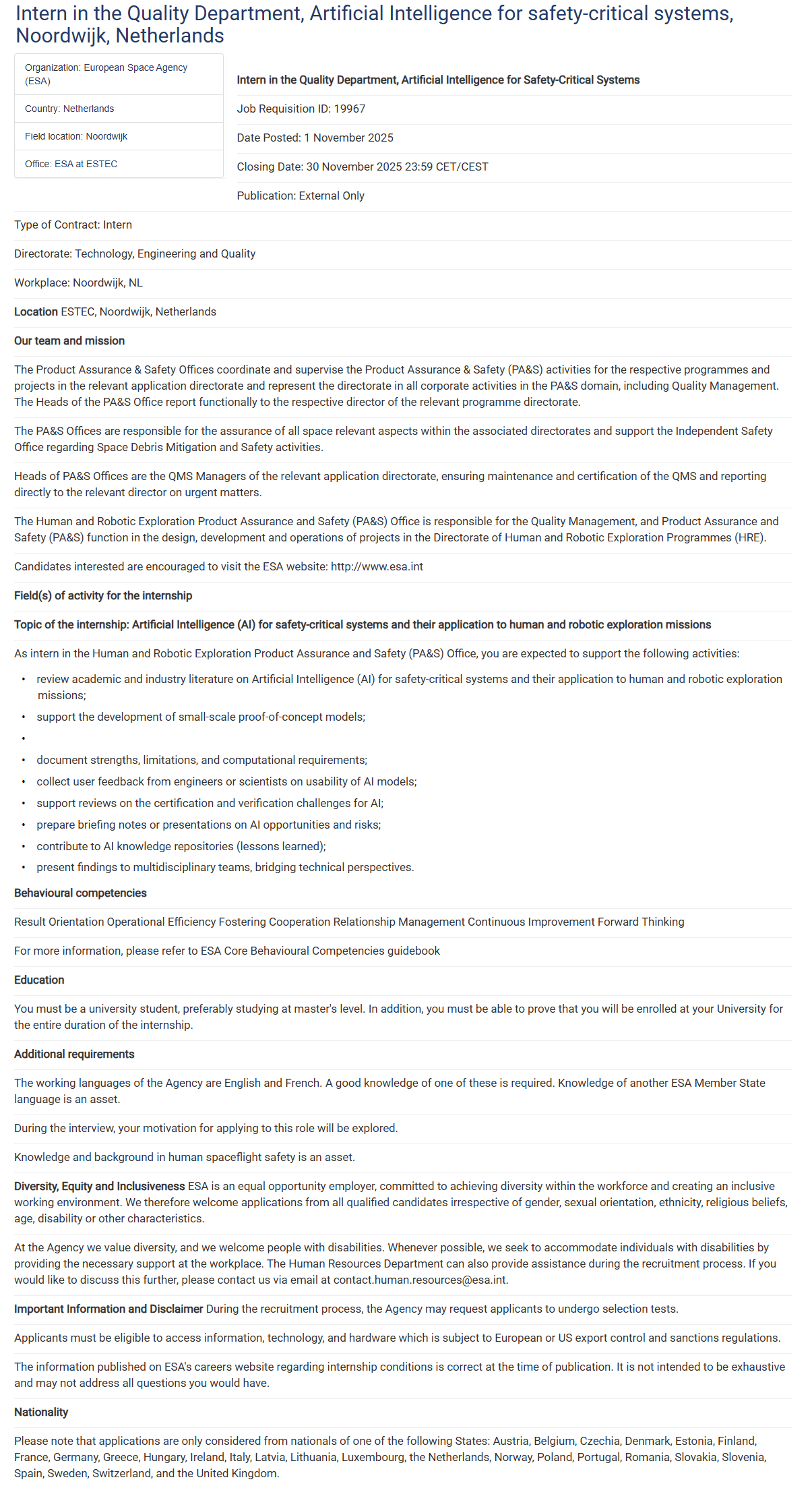 European Space Agency ESA job circular 2025   Netherlands- www.esa.int