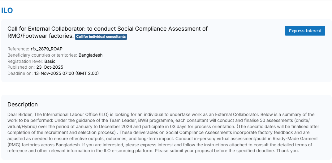 International Labour Organization Switzerland ILO Job Circular 2025 | UN Apply 1 International Labour Organization ILO Job Circular 2025 UN VacancyCall-for-External-Collaborator-to-conduct-Social-Compliance-Assessment-of-RMG-Footwear-factories