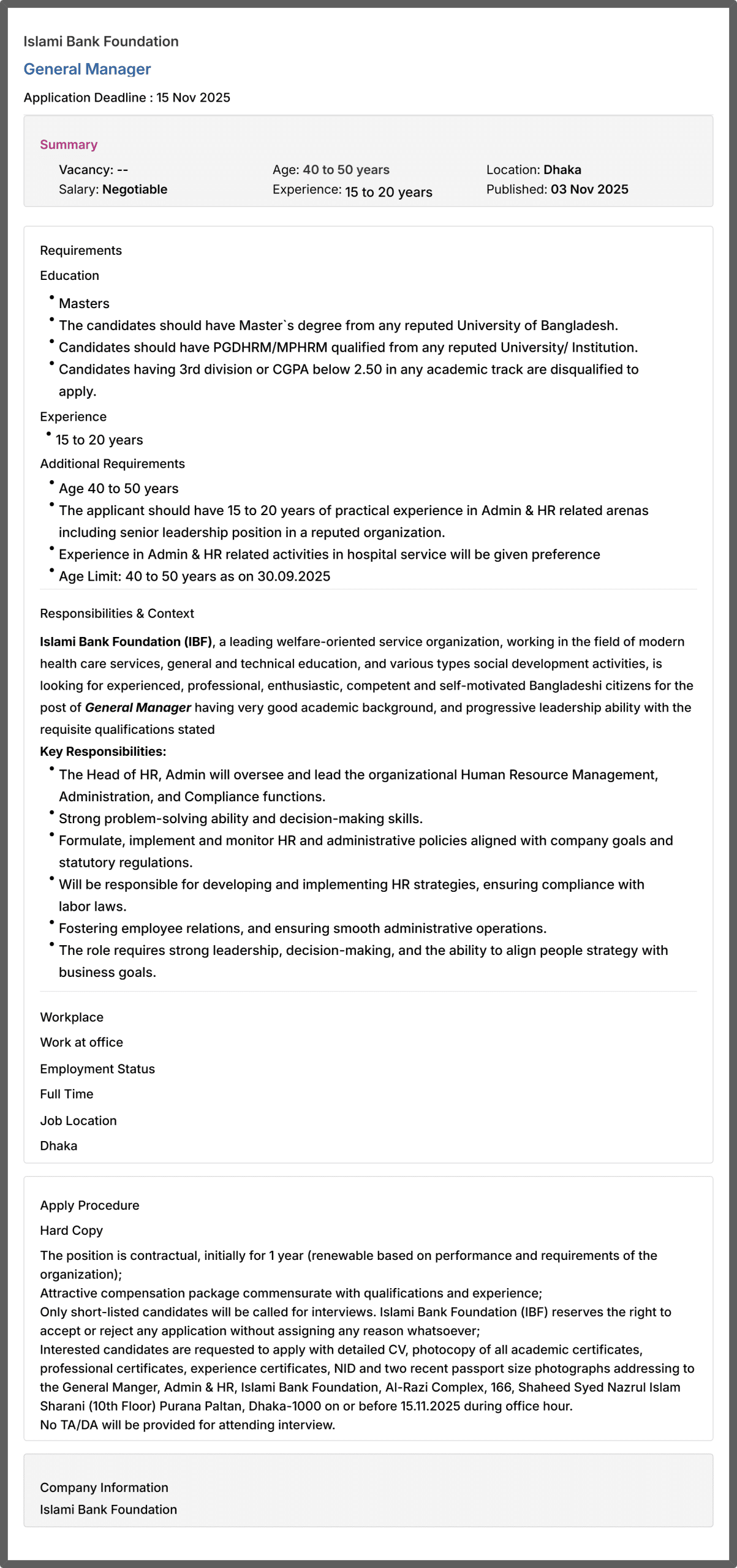 Islami Bank Foundation IBF Job Circular 2025 www.ibfbd.org