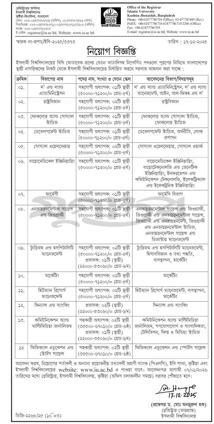 Islamic University IU Job Circular 2025 Teacher job