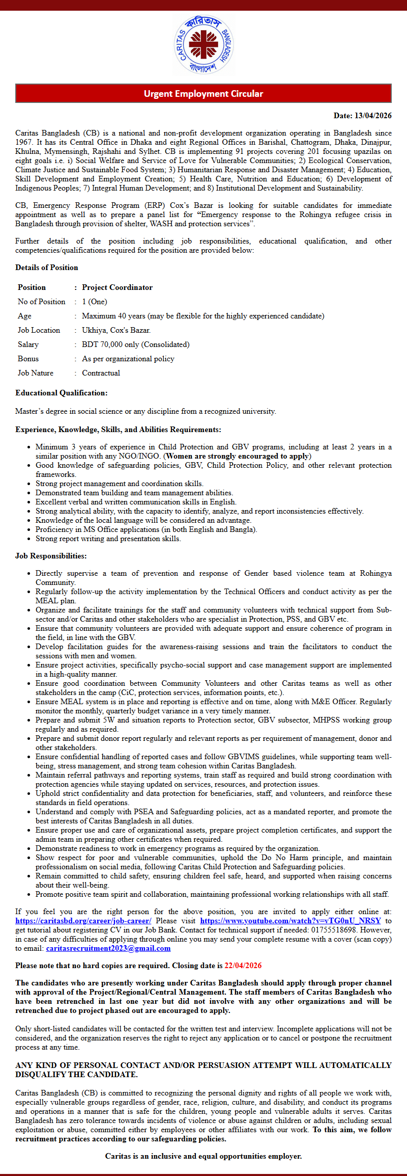 NGO Caritas Bangladesh Job Circular 2026