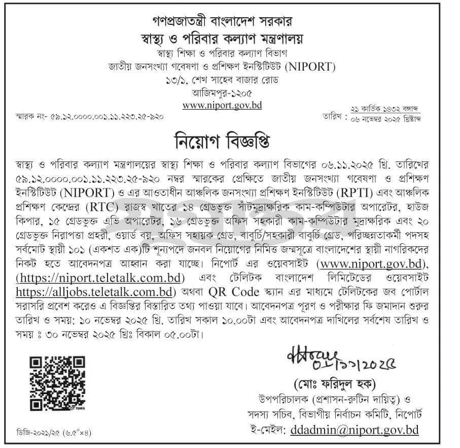 NIPORT Job Circular 2025 – niport.teletalk.com.bd