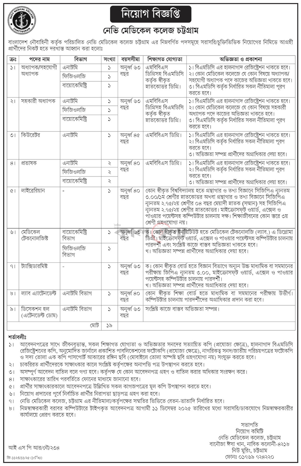 Navy Medical College Chattogram NMCC Job Circular 2025