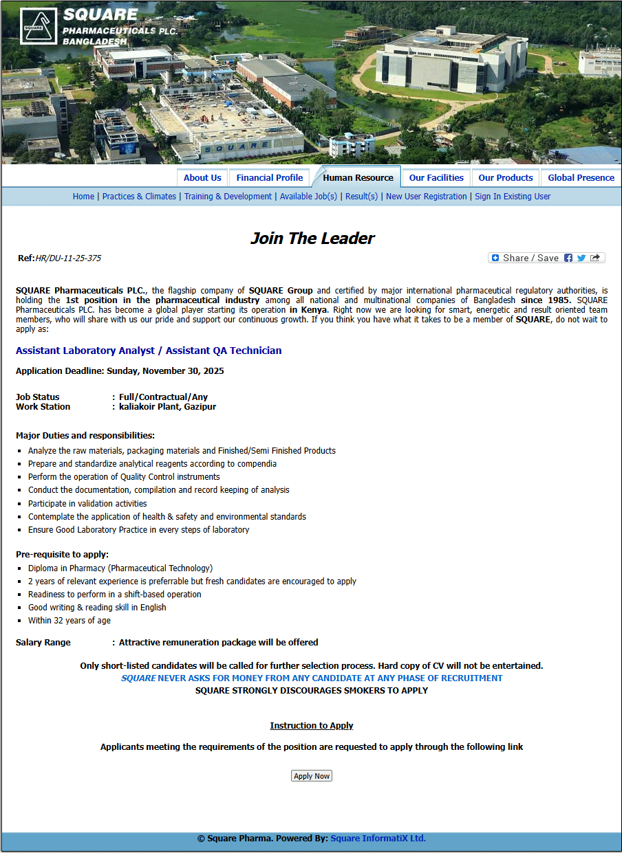 Square Pharmaceuticals Job Circular 2025 Assistant-Laboratory-Analyst-Assistant-QA-Technician-eRecruitment-System-of-SPL