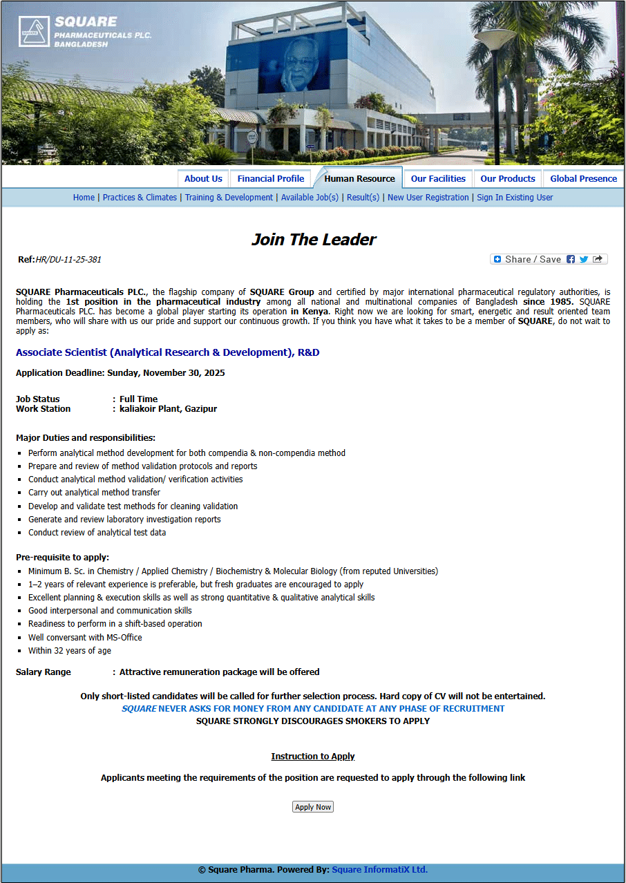 Square Pharmaceuticals Job Circular 2025 Associate-Scientist-Analytical-Research-Development-R-D-eRecruitment-System-of-SPL