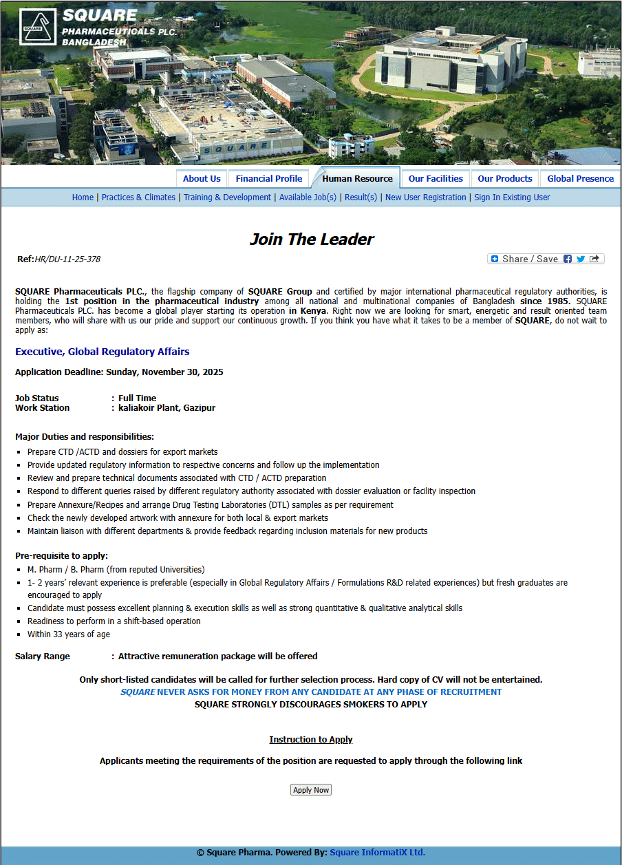 Square Pharmaceuticals Job Circular 2025 Executive-Global-Regulatory-Affairs-eRecruitment-System-of-SPL