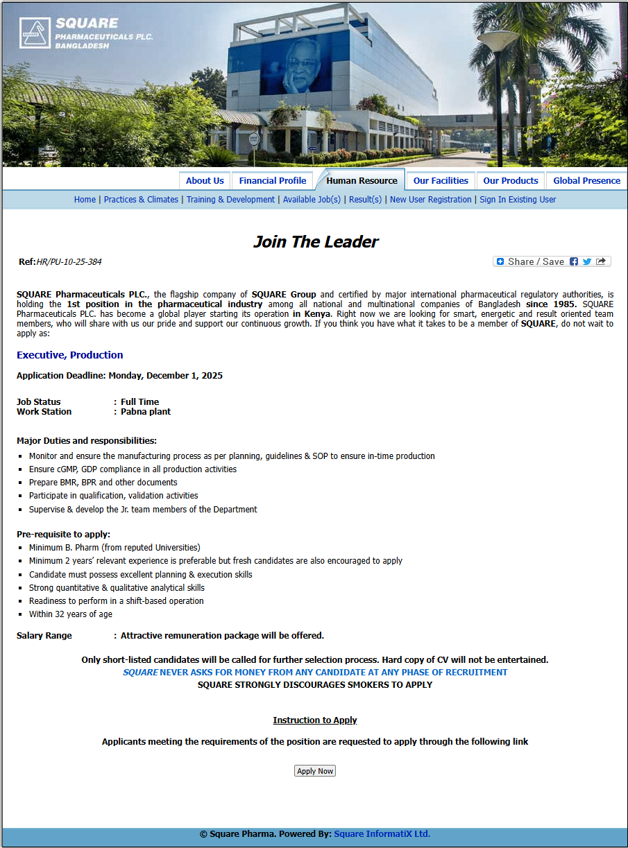 Square Pharmaceuticals Job Circular 2025