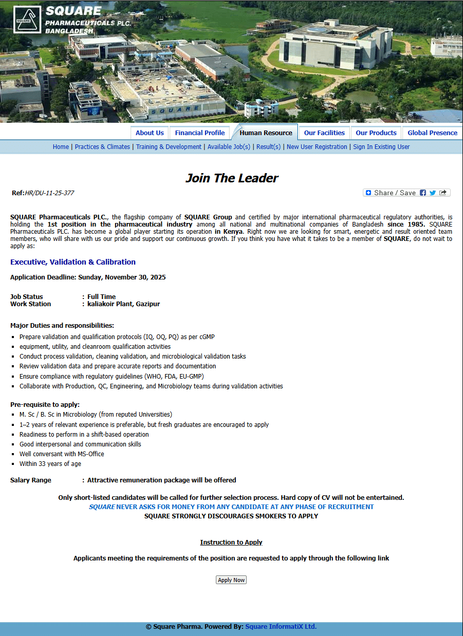 Square Pharmaceuticals Job Circular 2025 Executive-Validation-Calibration-eRecruitment-System-of-SPL