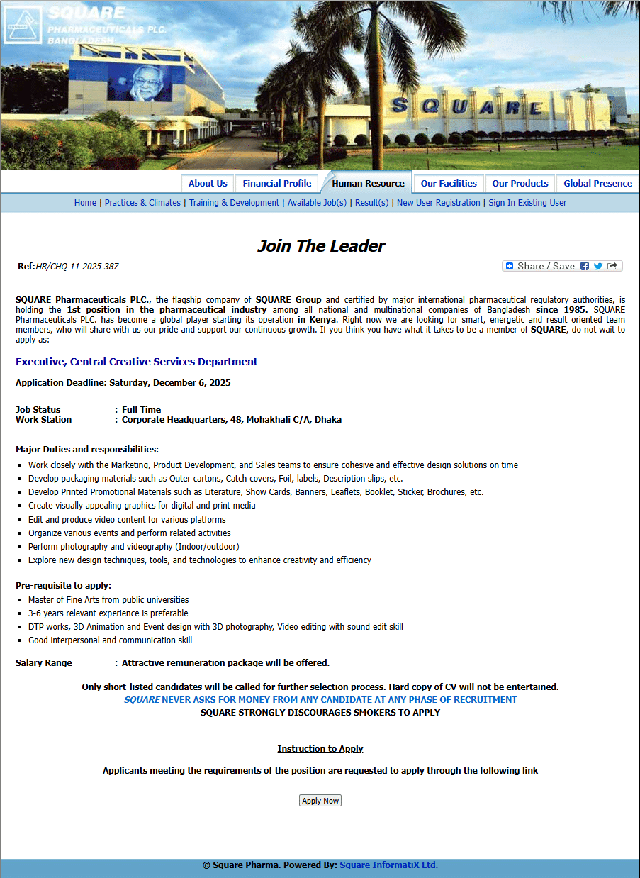 Square Pharmaceuticals Limited Job Circular 2025 - New Update Executive-Central-Creative-Services-Department-eRecruitment-System-of-SPL