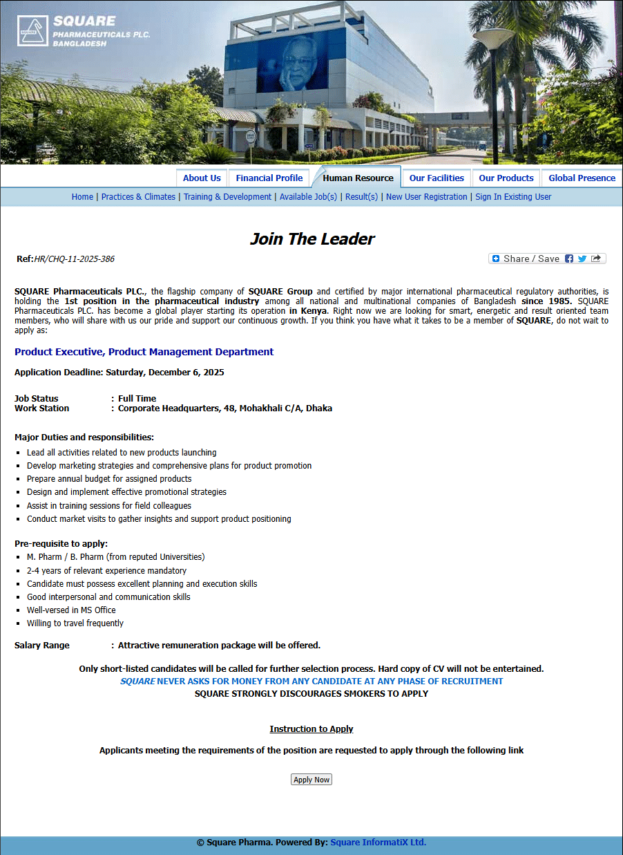 Square Pharmaceuticals Limited Job Circular 2025 - New Update Product-Executive-Product-Management-Department-eRecruitment-System-of-SPL