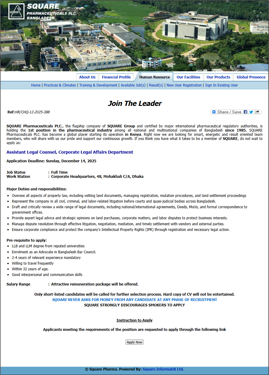 Square Pharmaceuticals job circular 2025 Assistant-Legal-Counsel-Corporate-Legal-Affairs-Department-eRecruitment-System-of-SPL