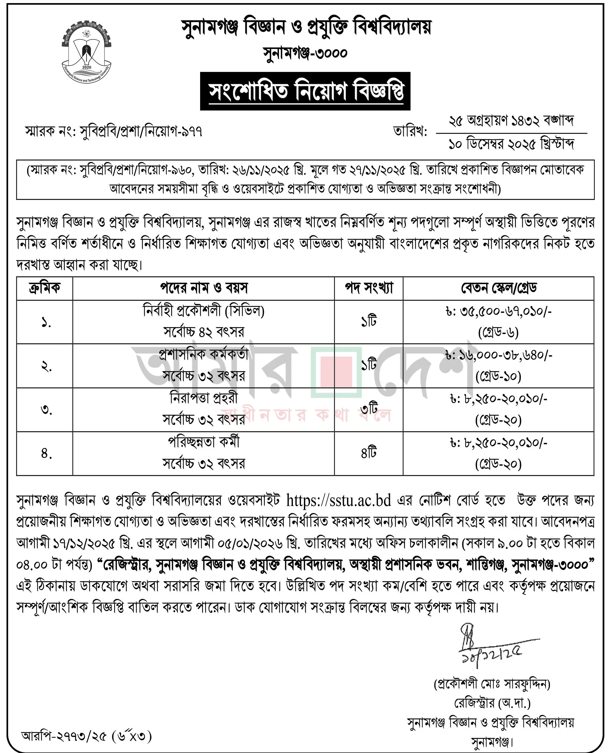 Sunamganj Science and Technology University SSTU Job Circular 2025 Renotice 2