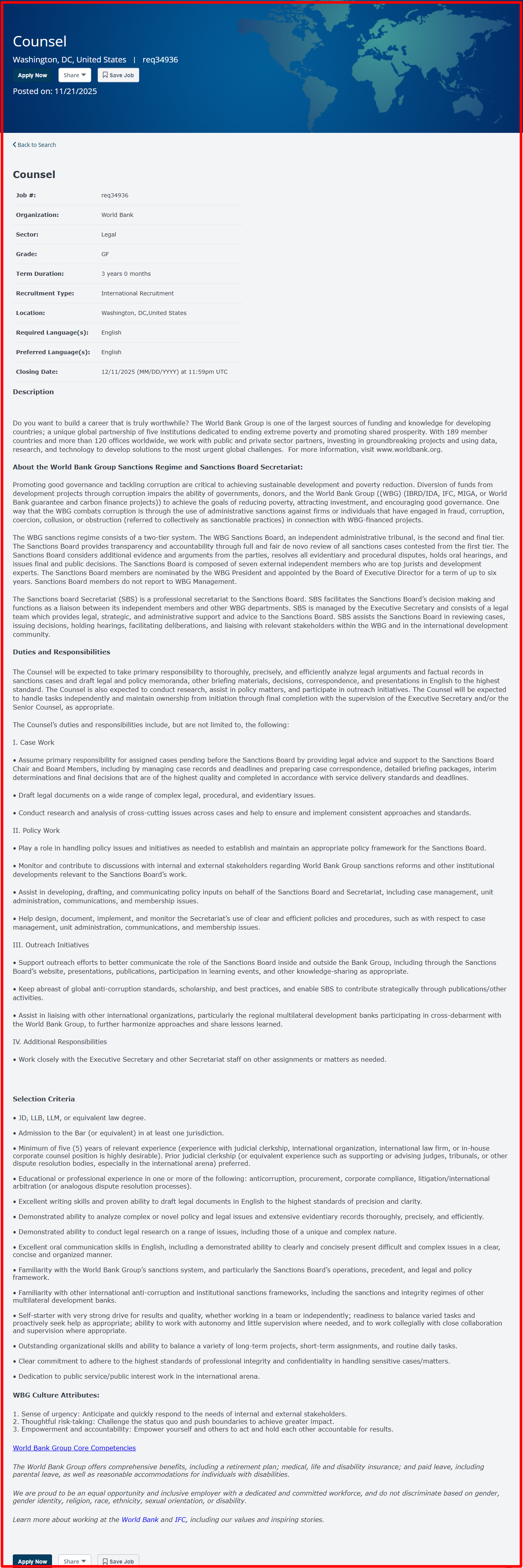  The World Bank WBG job circular 2025 USA