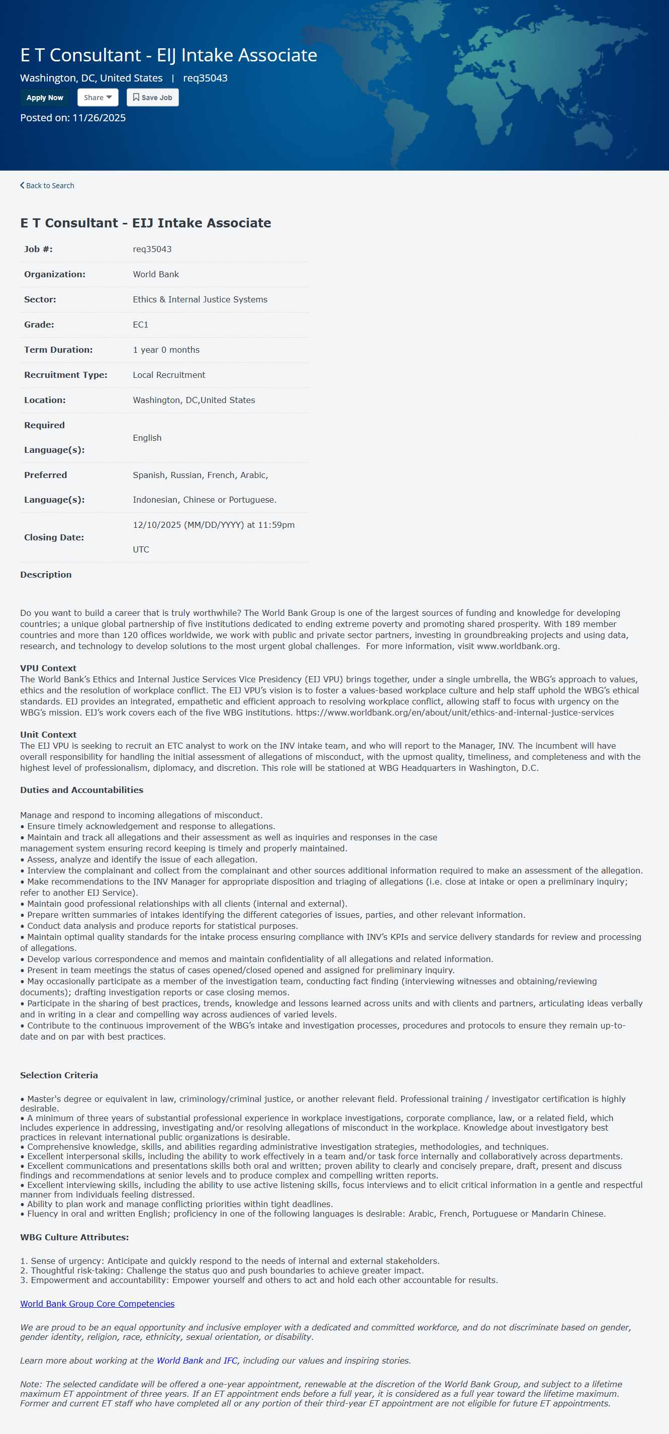 The World Bank WBG job circular