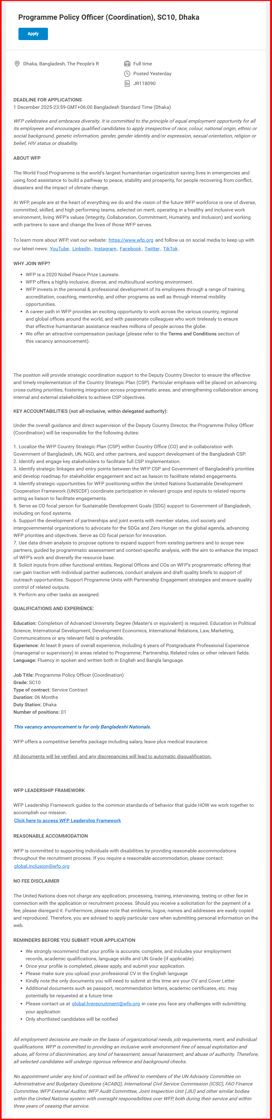 WFP - World Food Programme job circular 2025 Apply Now