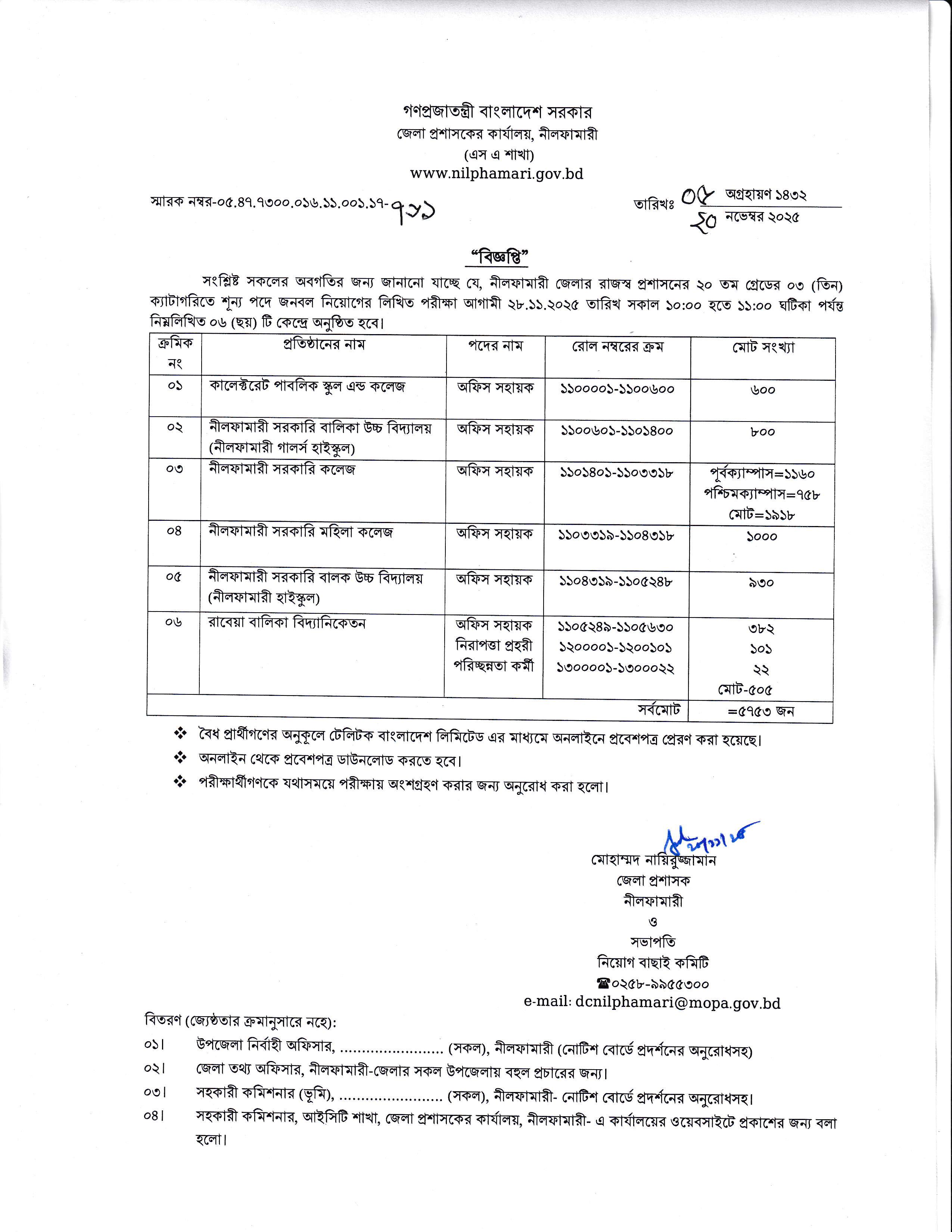 জেলা প্রশাসকের কার্যালয় নীলফামারী এর নিয়োগ পরীক্ষা সংক্রান্ত বিজ্ঞপ্তি নোটিশ