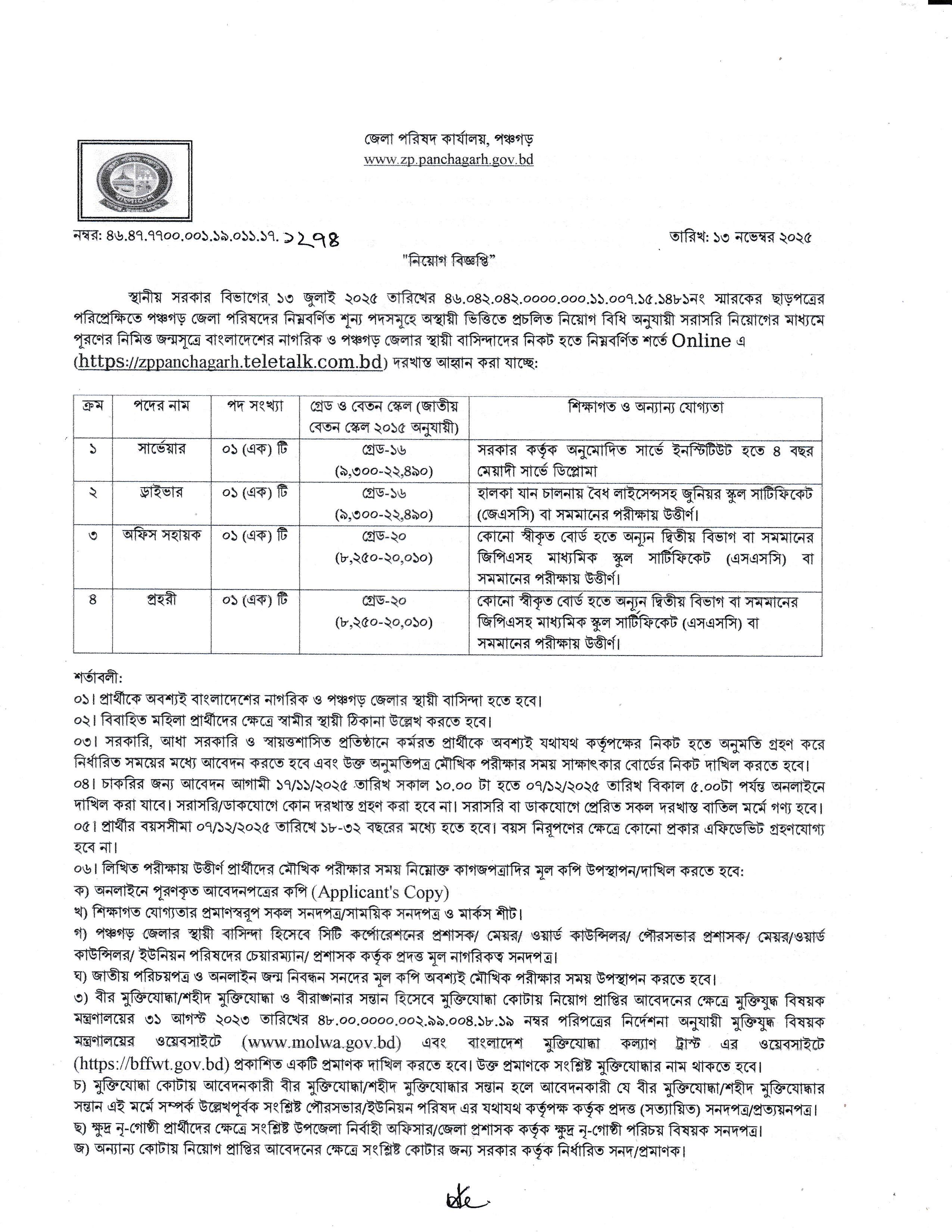 পঞ্চগড় জেলা পরিষদ নিয়োগ বিজ্ঞপ্তি ২০২৫ – নতুন ৪টি পদে বিশাল নিয়োগ শুরু