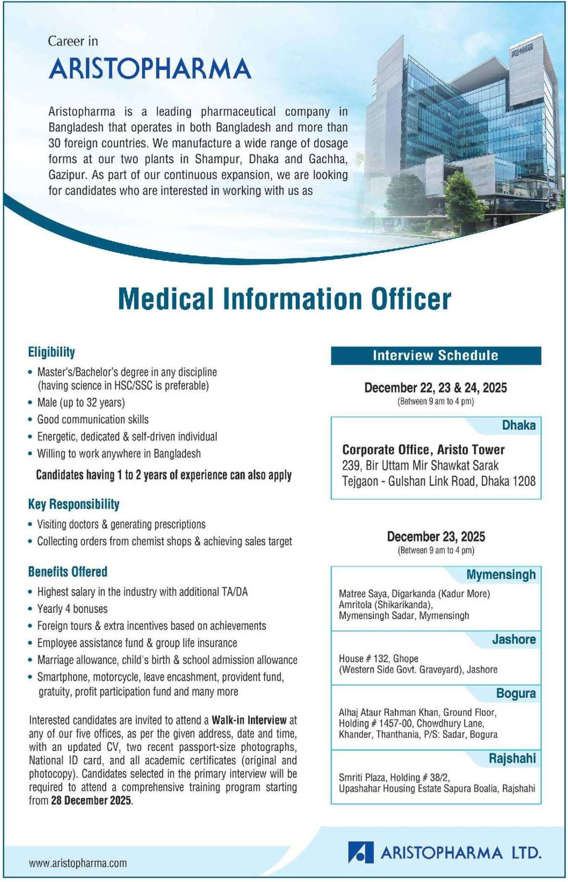 Aristopharma Ltd Job Circular 2025 Picture Medical Officer Again