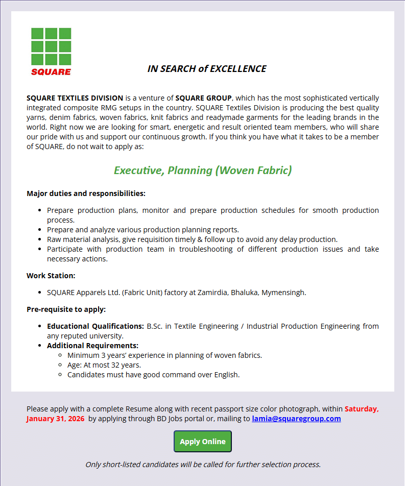 Square Textiles PLC Job Circular 2026 executive