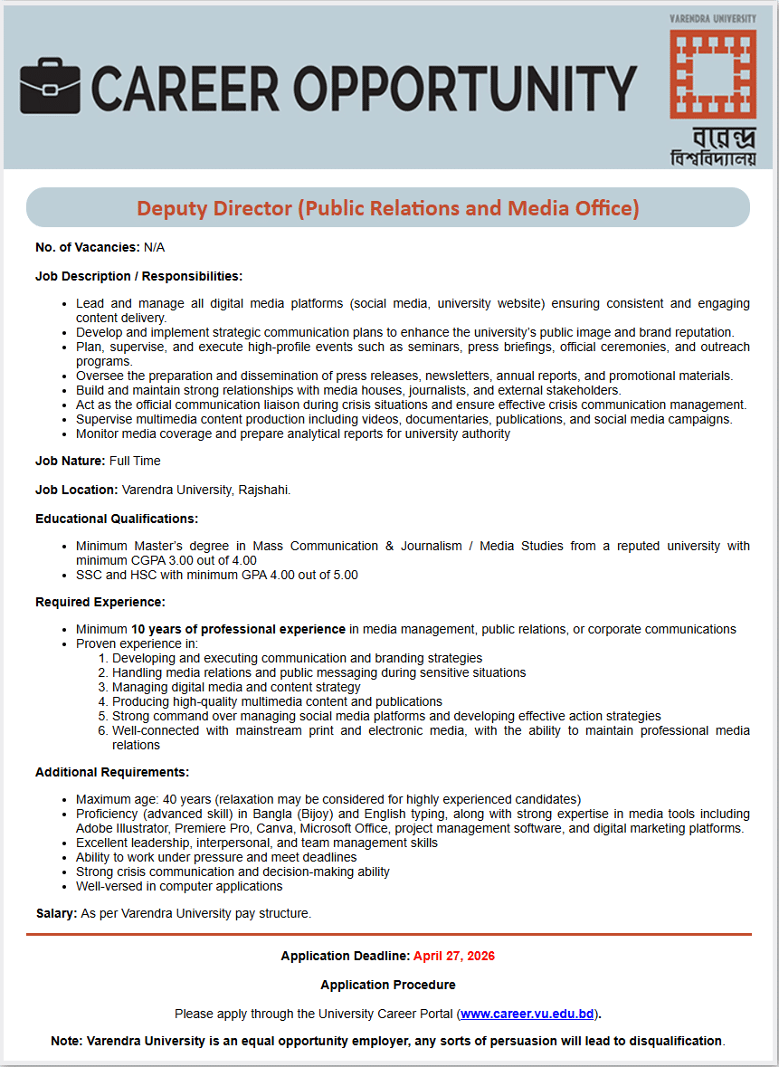 Varendra University Job Circular 2026