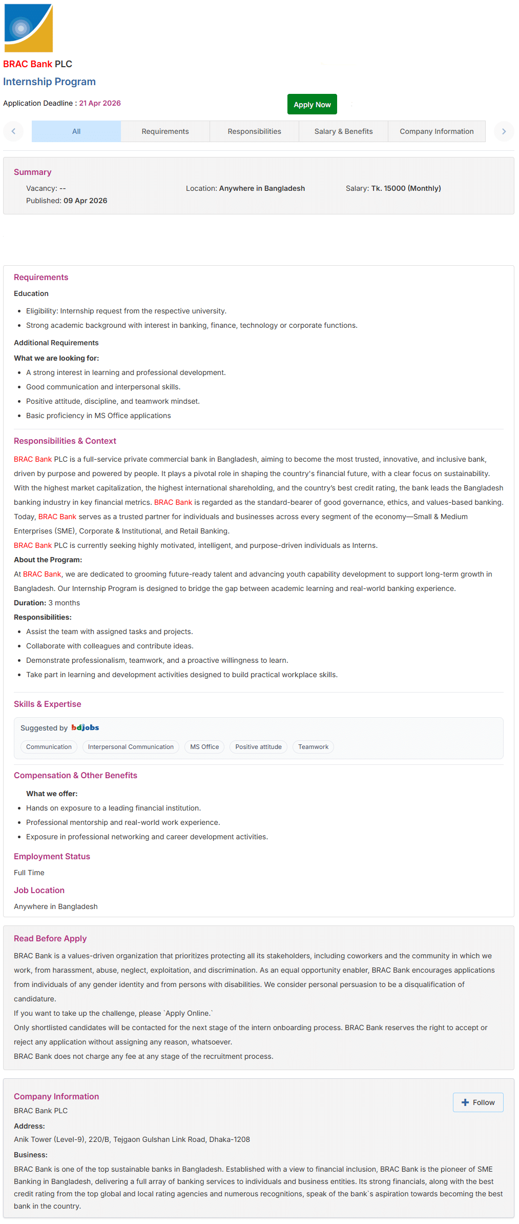 BRAC Bank Job Circular 2026 PDF Internship-Program-BRAC-Bank-PLC