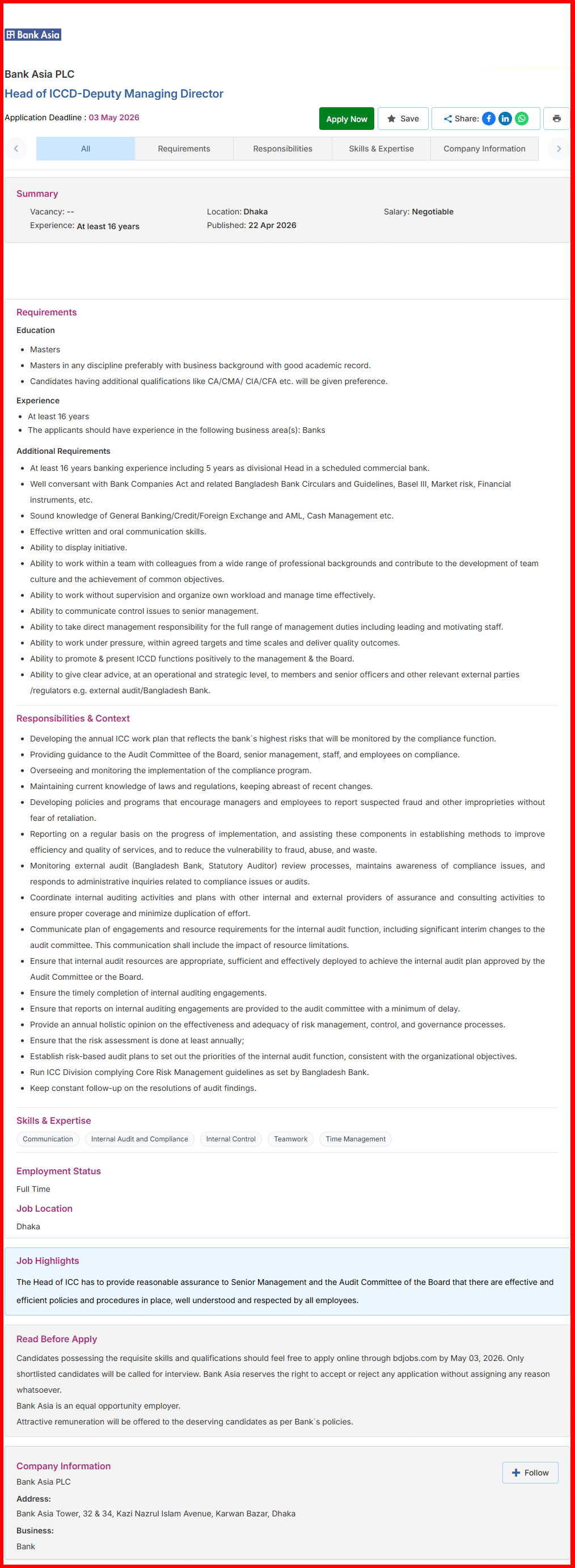 Bank Asia Limited Job Circular 2026 Head-of-ICCD-Deputy-Managing-Director-Bank-Asia-PLC