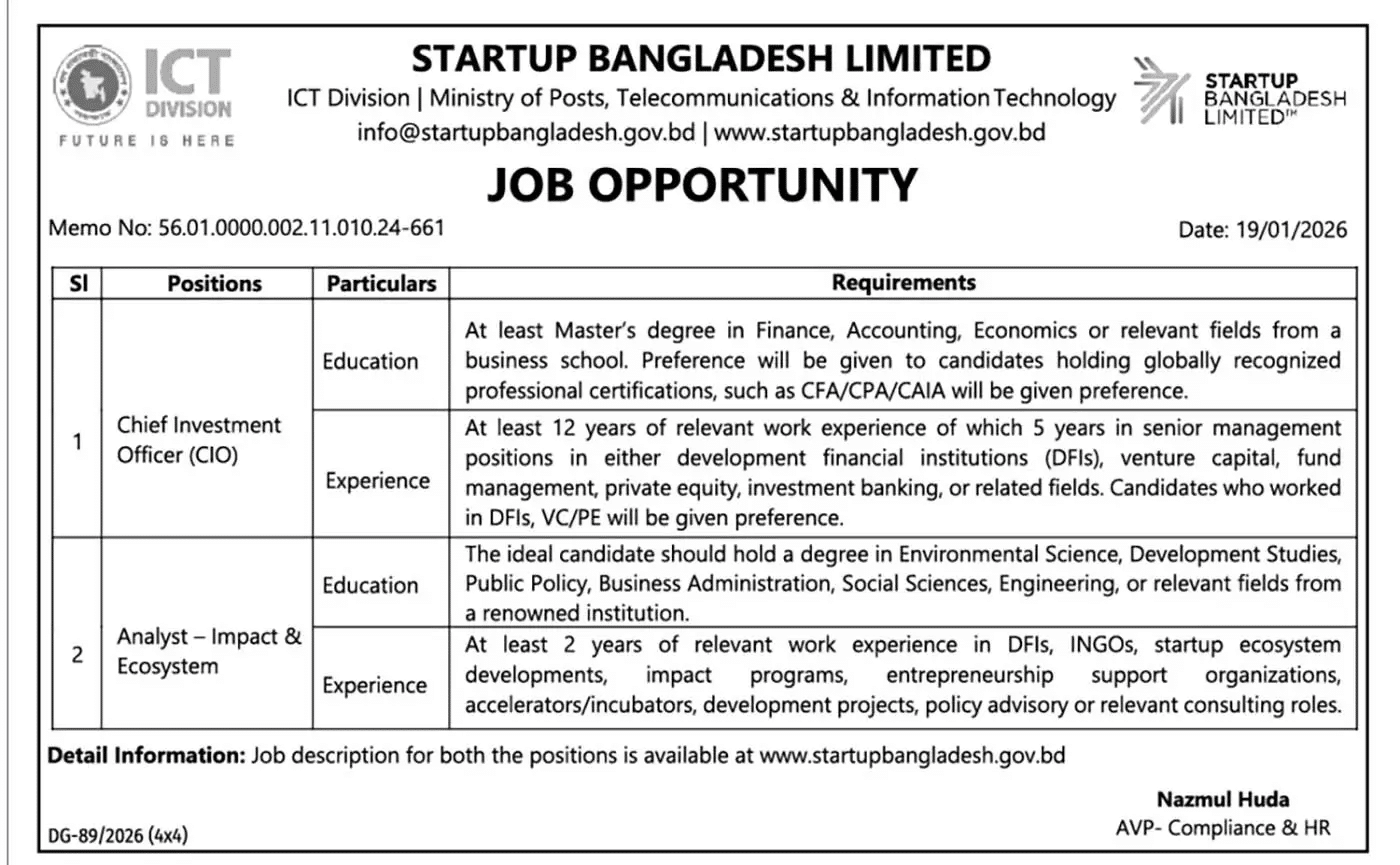 ICT DIvision STARTUP BANGLADESH Job Circular 2026 – www.startupbangladesh.gov.bd