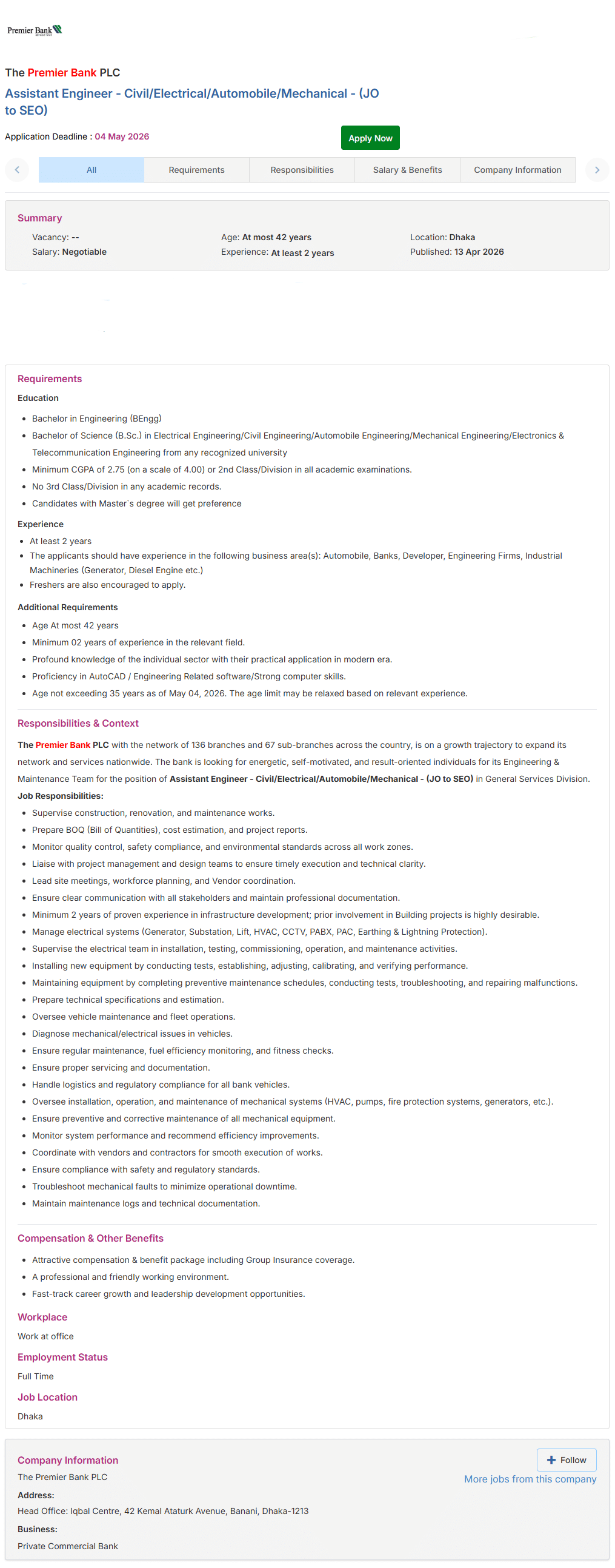 Premier Bank Limited Job Circular 2026 PDF Assistant-Engineer-Civil-Electrical-Automobile-Mechanical-JO-to-SEO-The-Premier-Bank-PLC