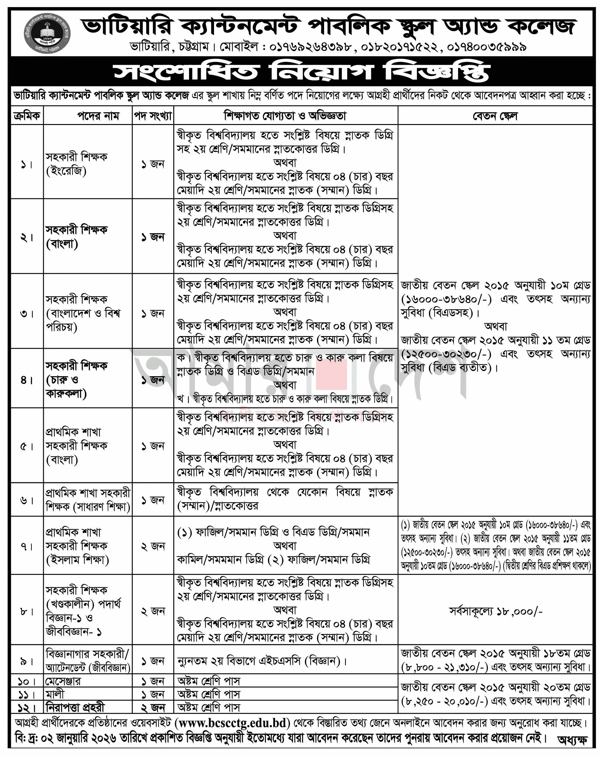 School and College Job Circular 2026 Vatiyari Cantonment school & college
